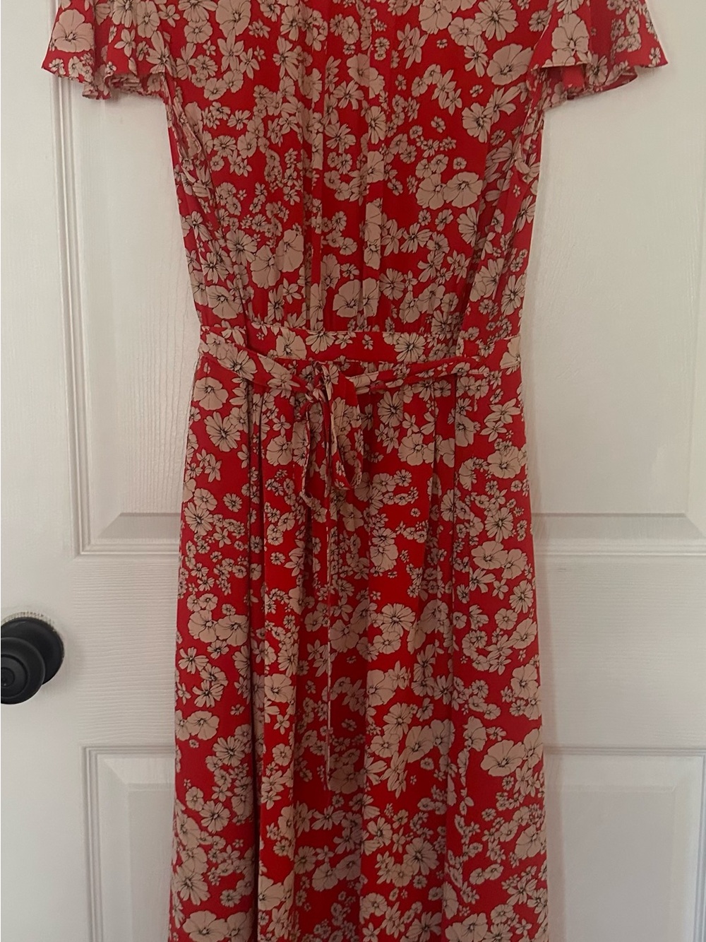 Rebecca Taylor Red Cherry Blossom Midi Wrap Dress with Cream Floral Print - Picture 4 of 4